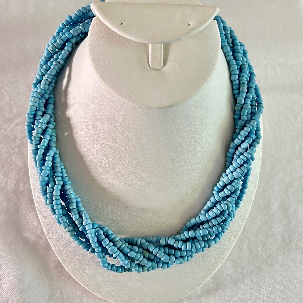 Vintage Blue Seed Bead Multi-strand twisted Turquoise Necklace,